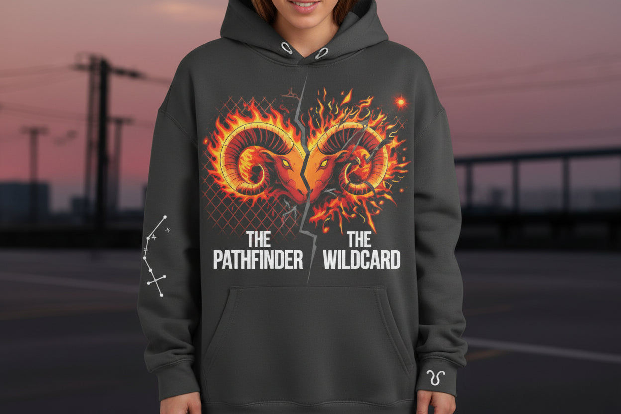 Person wearing a hoodie with a Ram Goat design and text in an outdoor setting