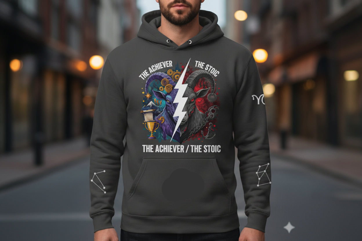 Person wearing a dark hoodie with colorful graphics and text on a city street background