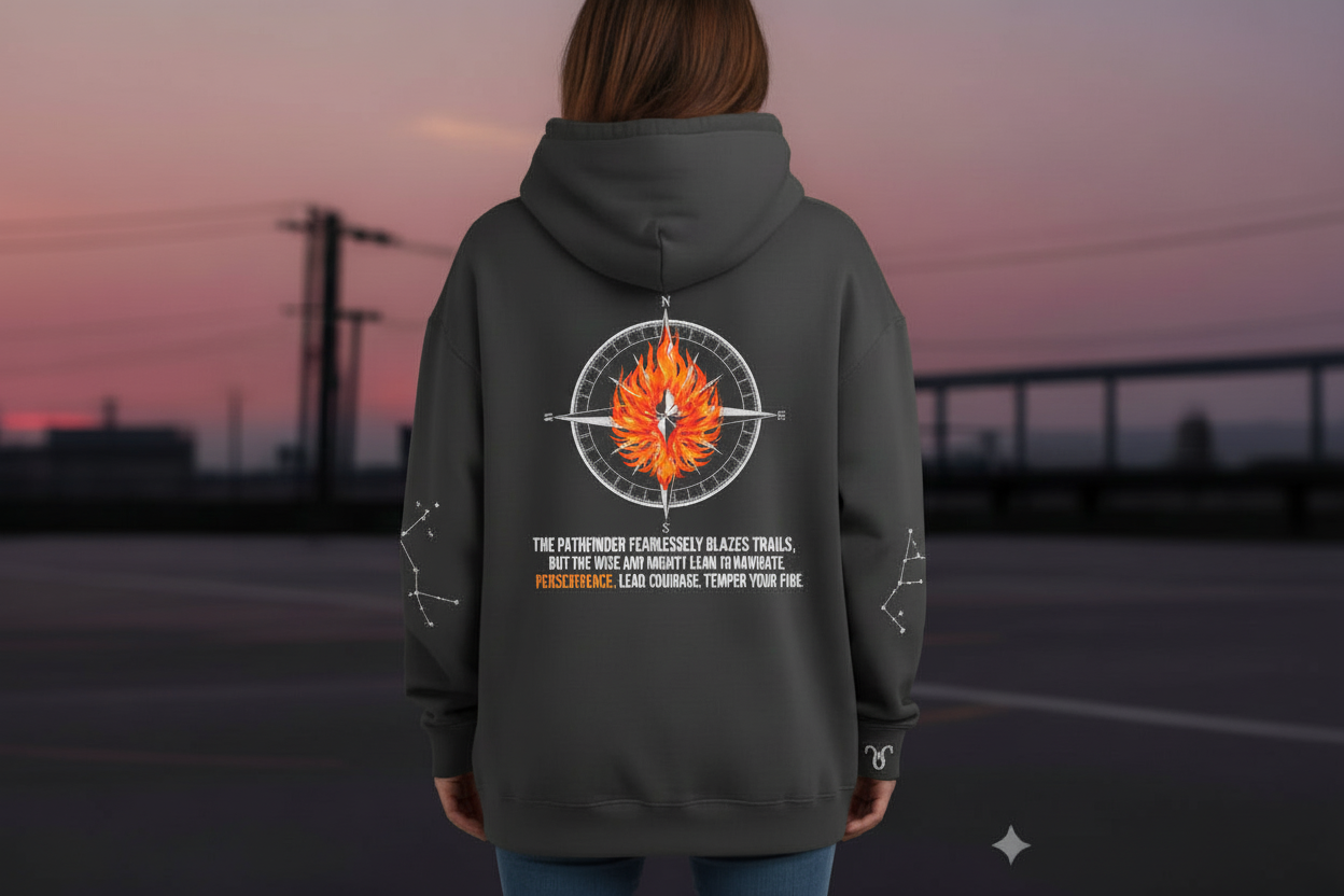 Person wearing a hoodie with a design on the back at sunset.